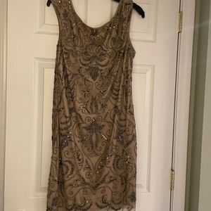 Adrianna Papell Women's short fully beaded dress, size 16 COLOR: nude/lead